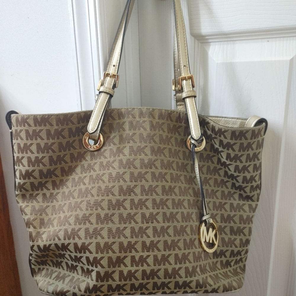 Michael Kors brown, tan, and gold large tote bag